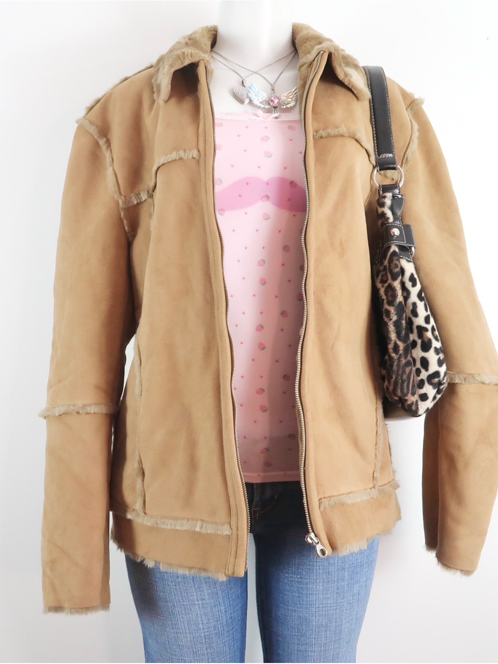 Y2K Brown Faux Suede Shearling Jacket